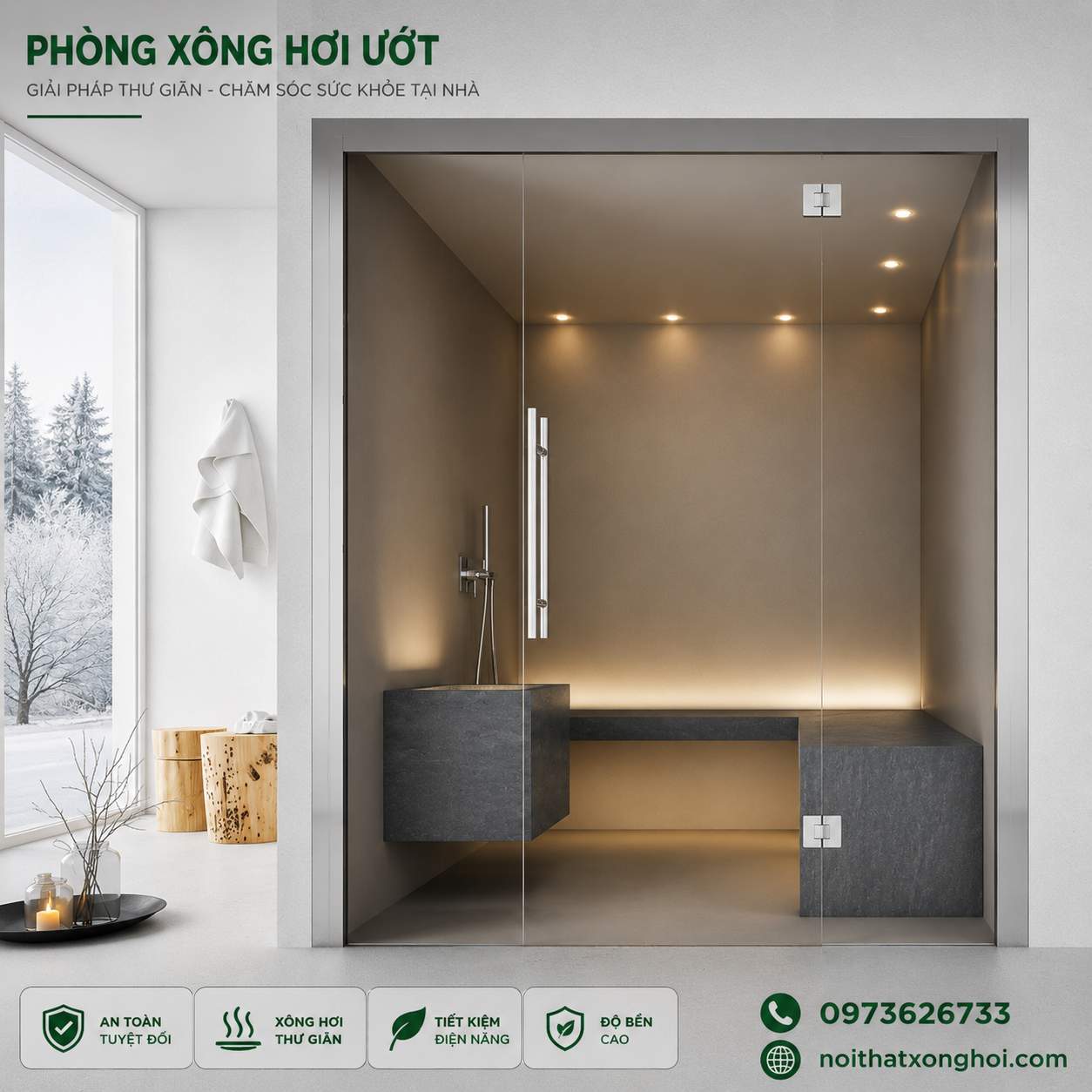 Phòng xông hơi ướt kính cường lực hiện đại